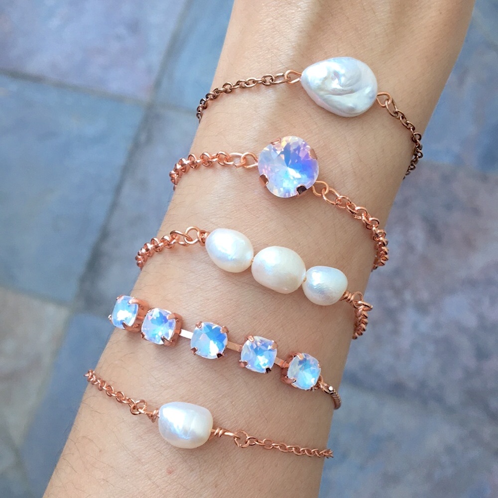 Baroque Pearl + White Opal AB Rose Gold and Cooper Crystal Stacking Bracelets